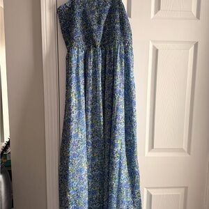 Blue Floral Maxi Dress - Strapless Smocked Bodice